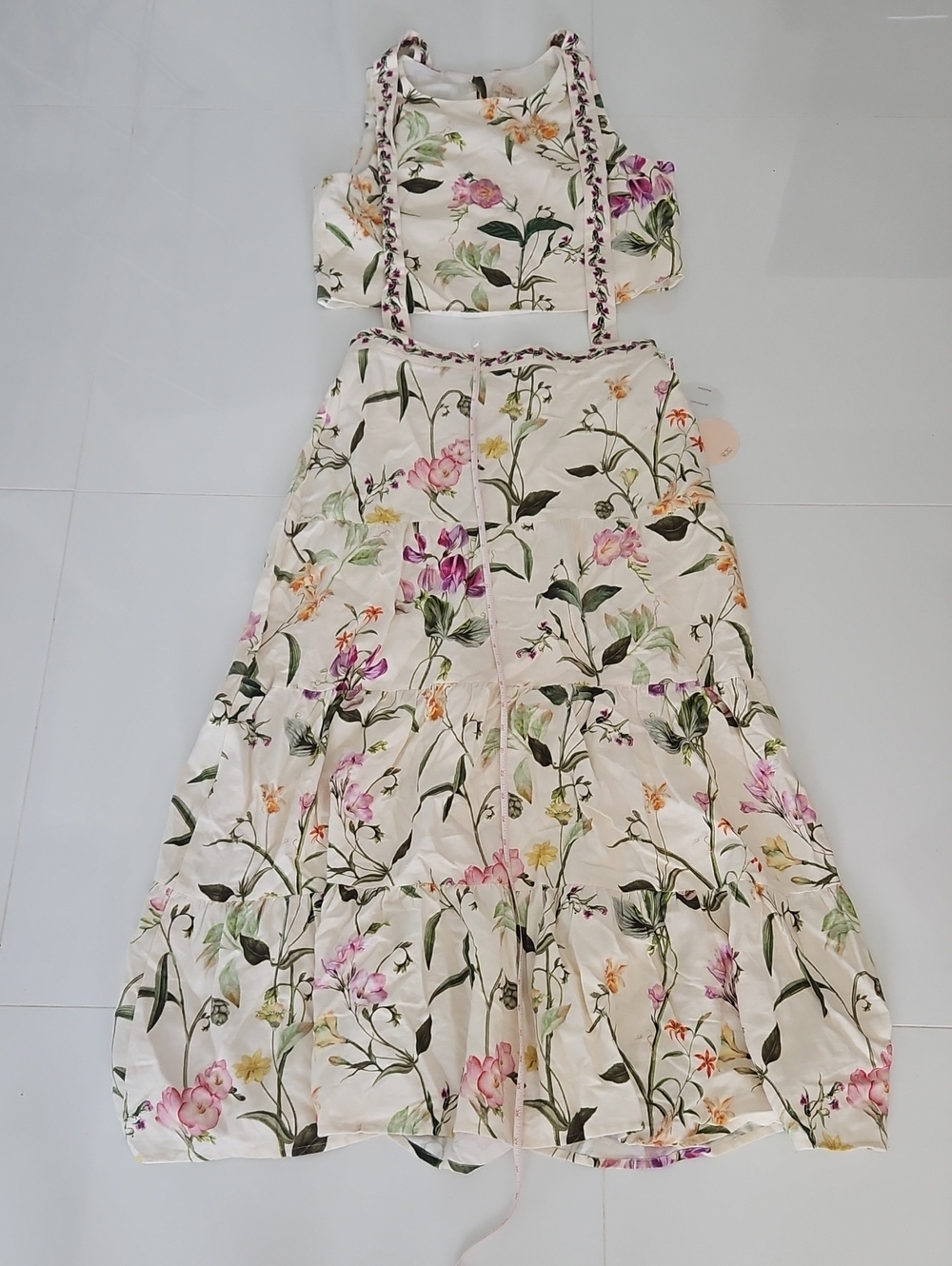 Camila Coelho White Floral Two-Piece Crop Tank & Tiered Skirt Set
